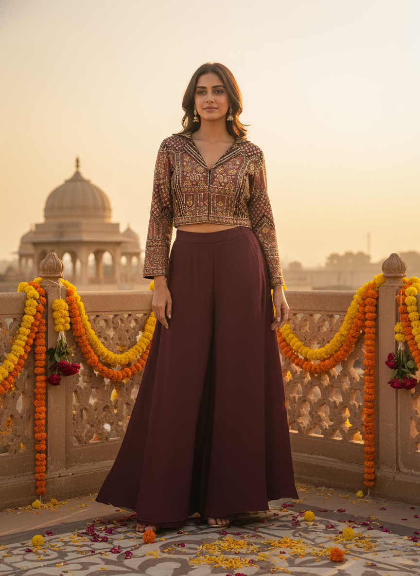Maroon Embroidered Crop Top & Palazzo Set