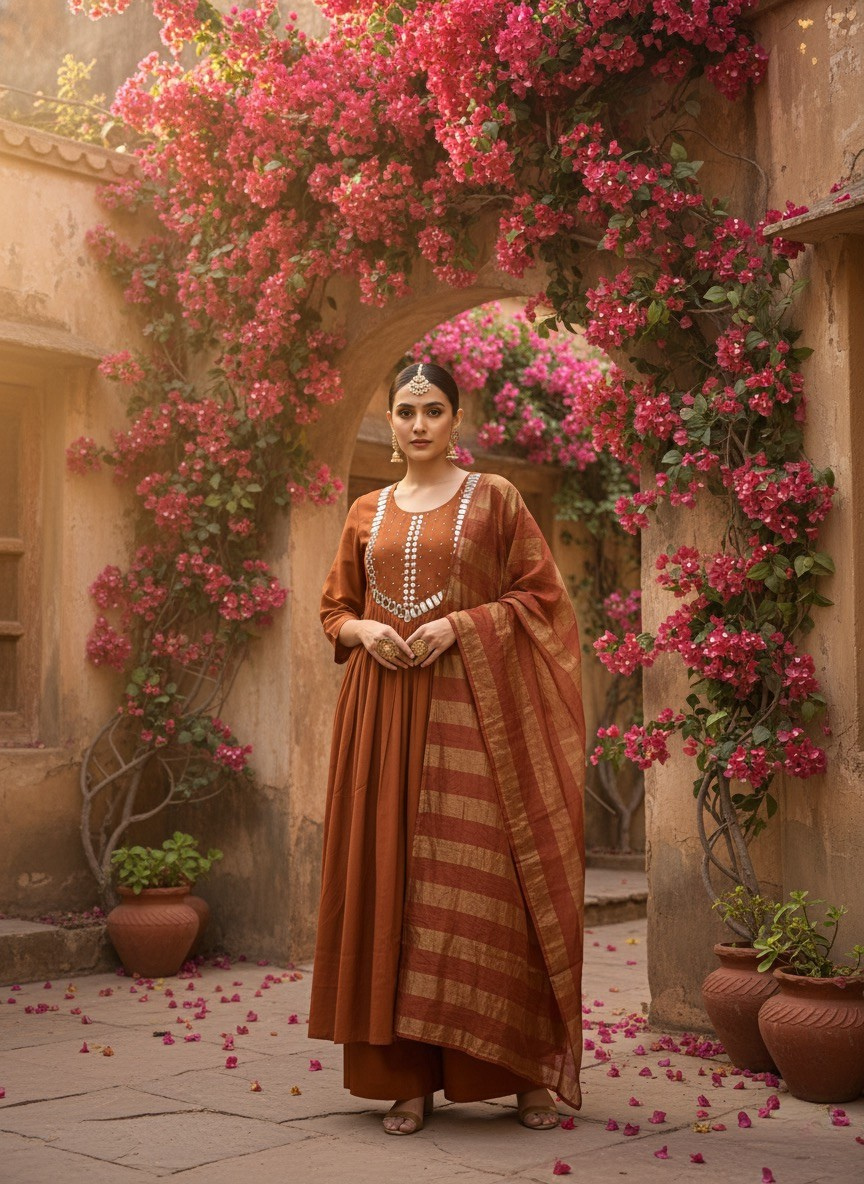 Rust Mirror-Work Kurta & Dupatta Set