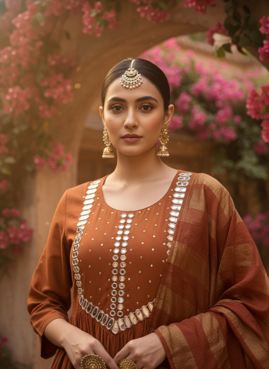 Rust Mirror-Work Kurta & Dupatta Set