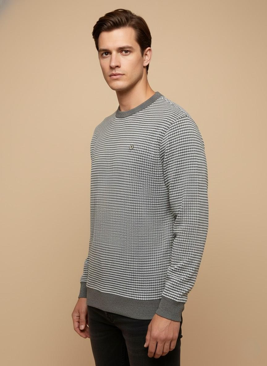 Navy & Grey Micro-Striped Knit Sweatshirt