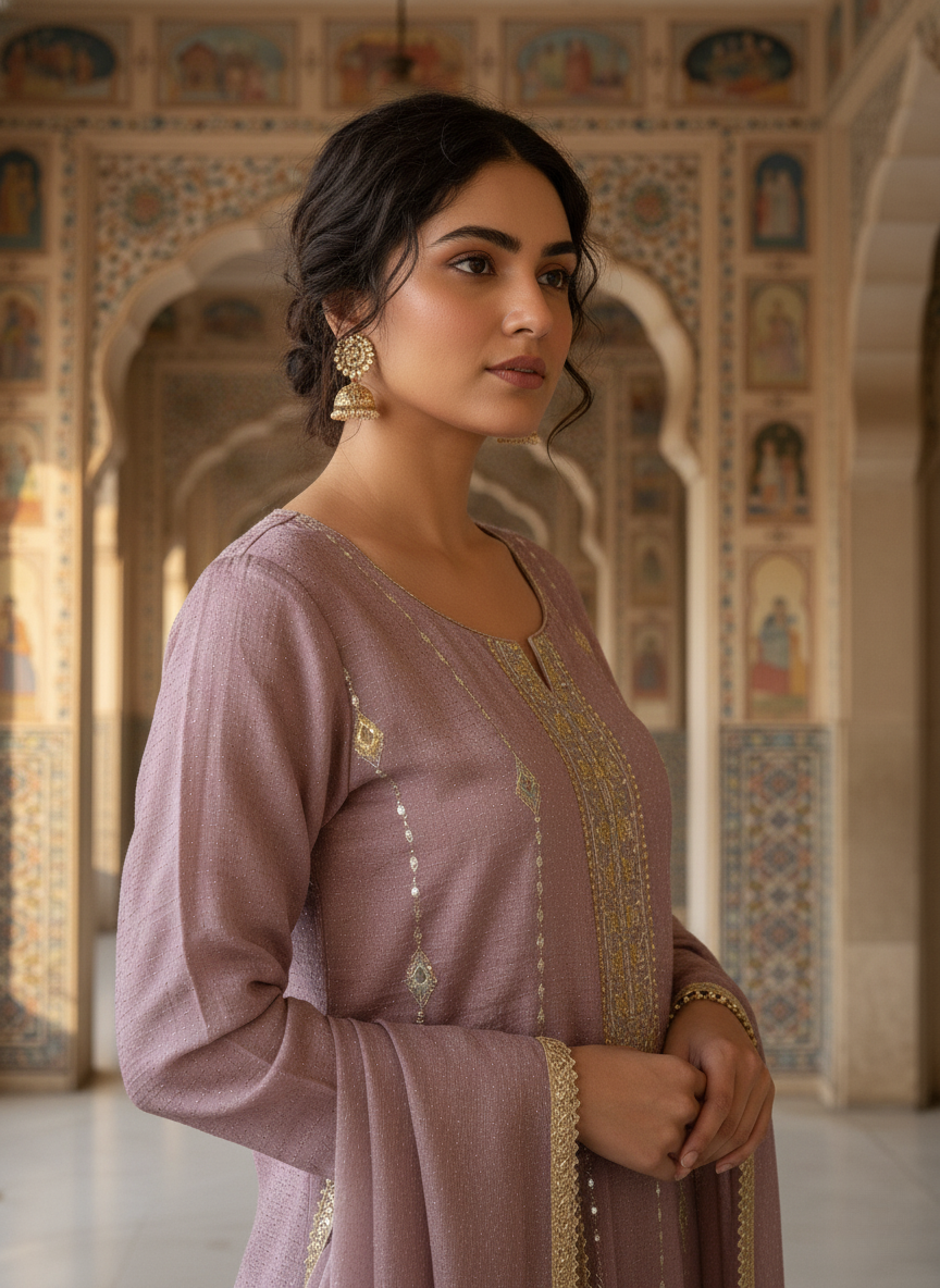 Dusty Mauve Embroidered Kurta Set