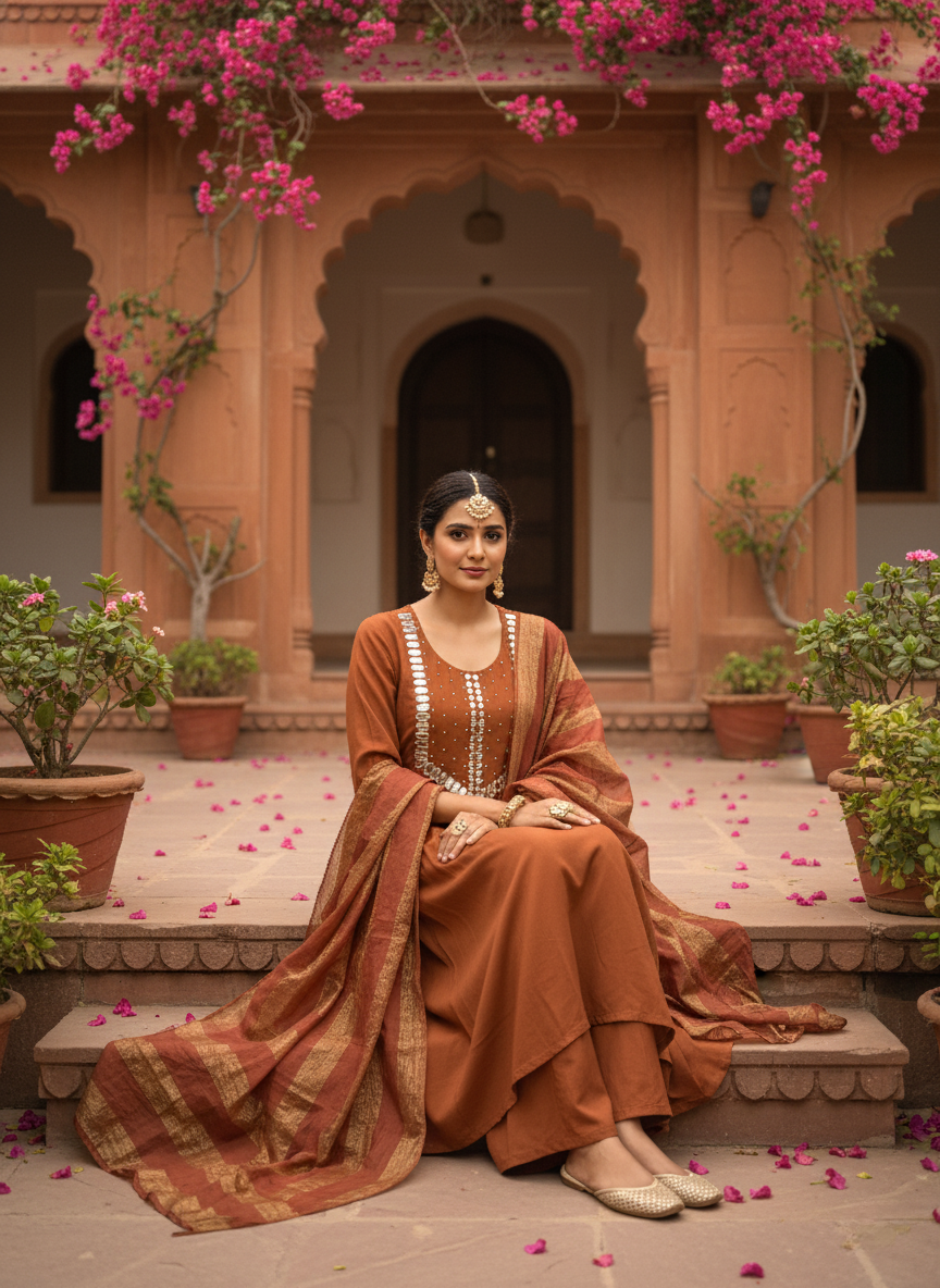 Rust Mirror-Work Kurta & Dupatta Set