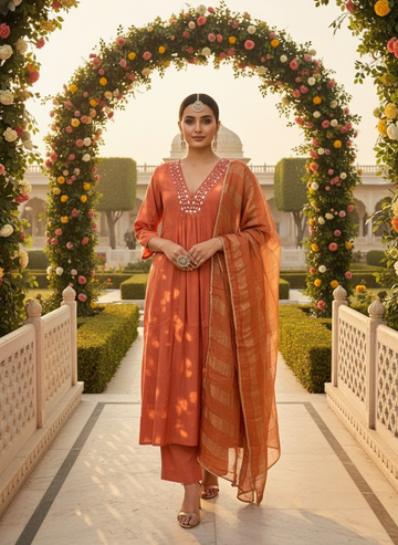 Terracotta Mirror-Work Kurta & Dupatta Set
