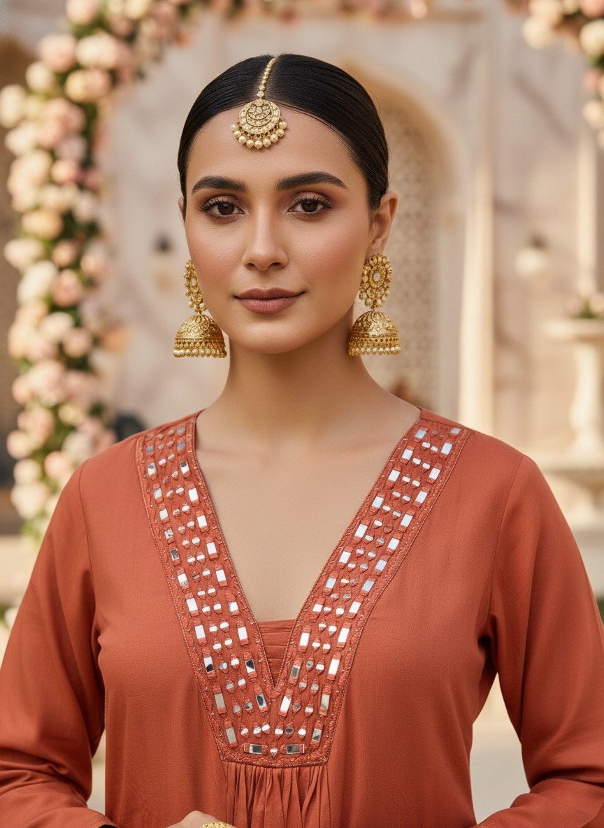 Terracotta Mirror-Work Kurta & Dupatta Set