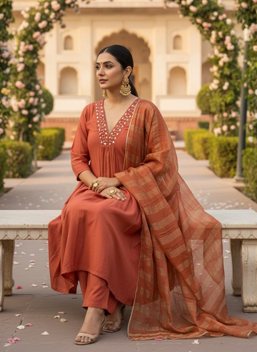 Terracotta Mirror-Work Kurta & Dupatta Set
