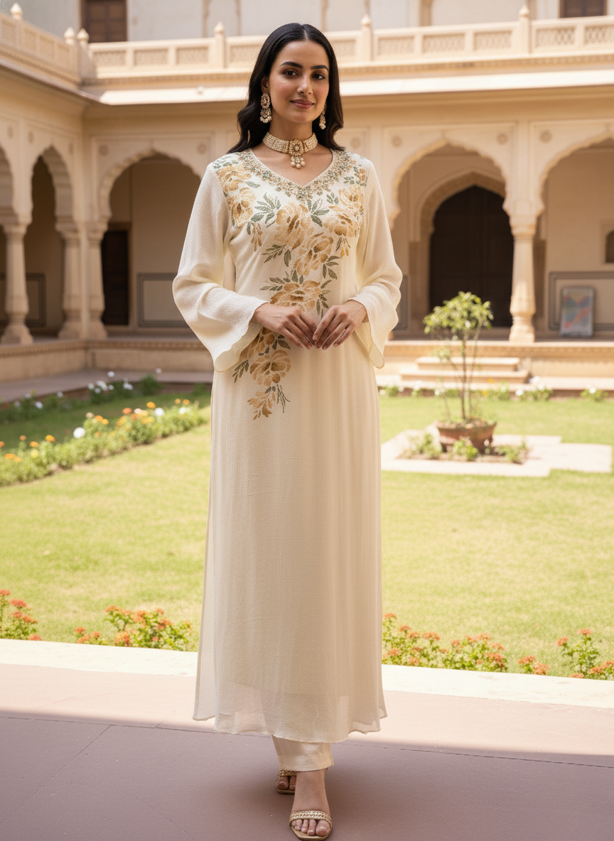 Ivory Floral-Embroidered Kurta Set with Choker Dupatta
