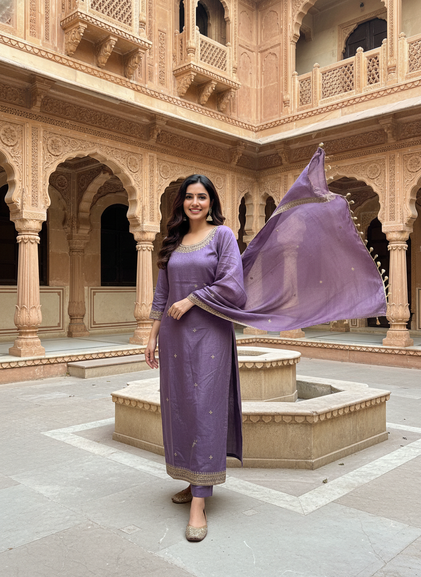 Lavender Hand-Embroidered Kurta & Dupatta Set