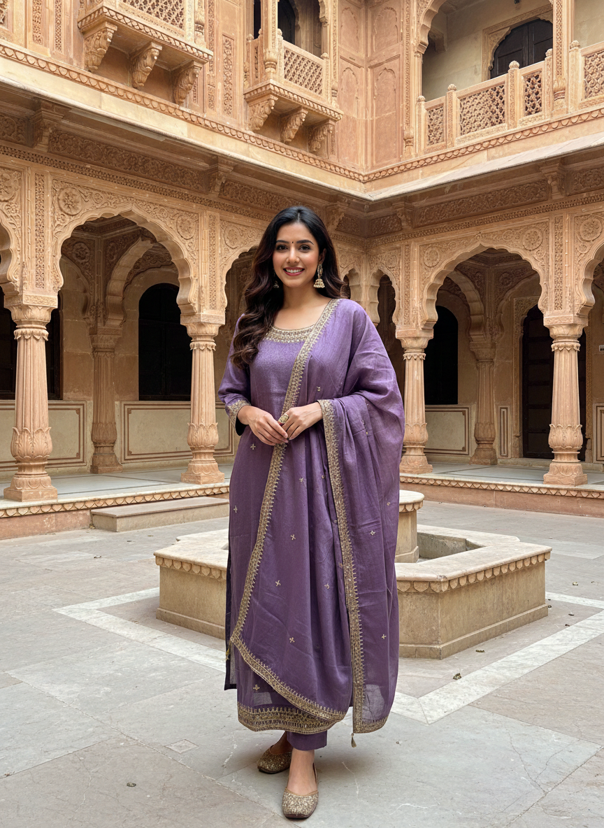 Lavender Hand-Embroidered Kurta & Dupatta Set