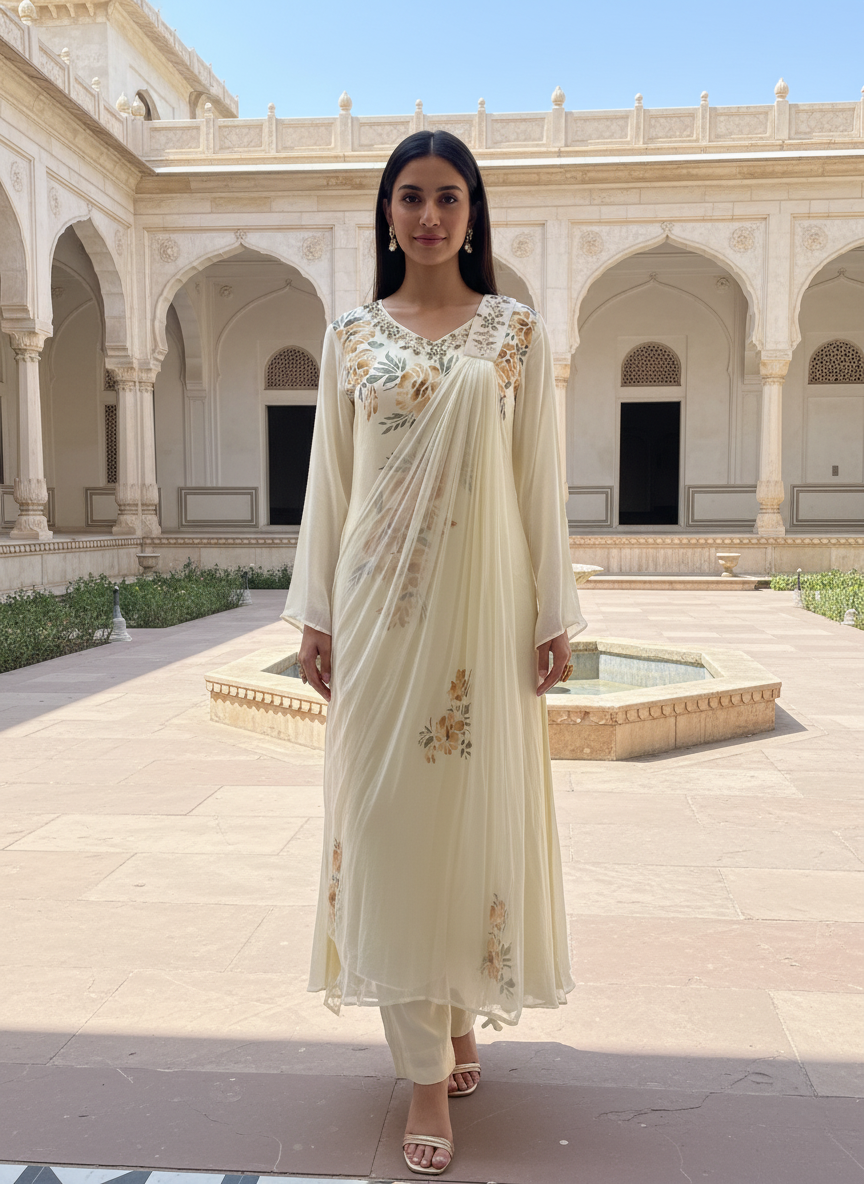Ivory Floral-Embroidered Kurta Set with Choker Dupatta