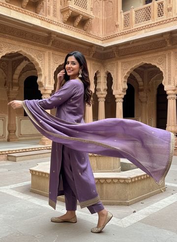 Lavender Hand-Embroidered Kurta & Dupatta Set
