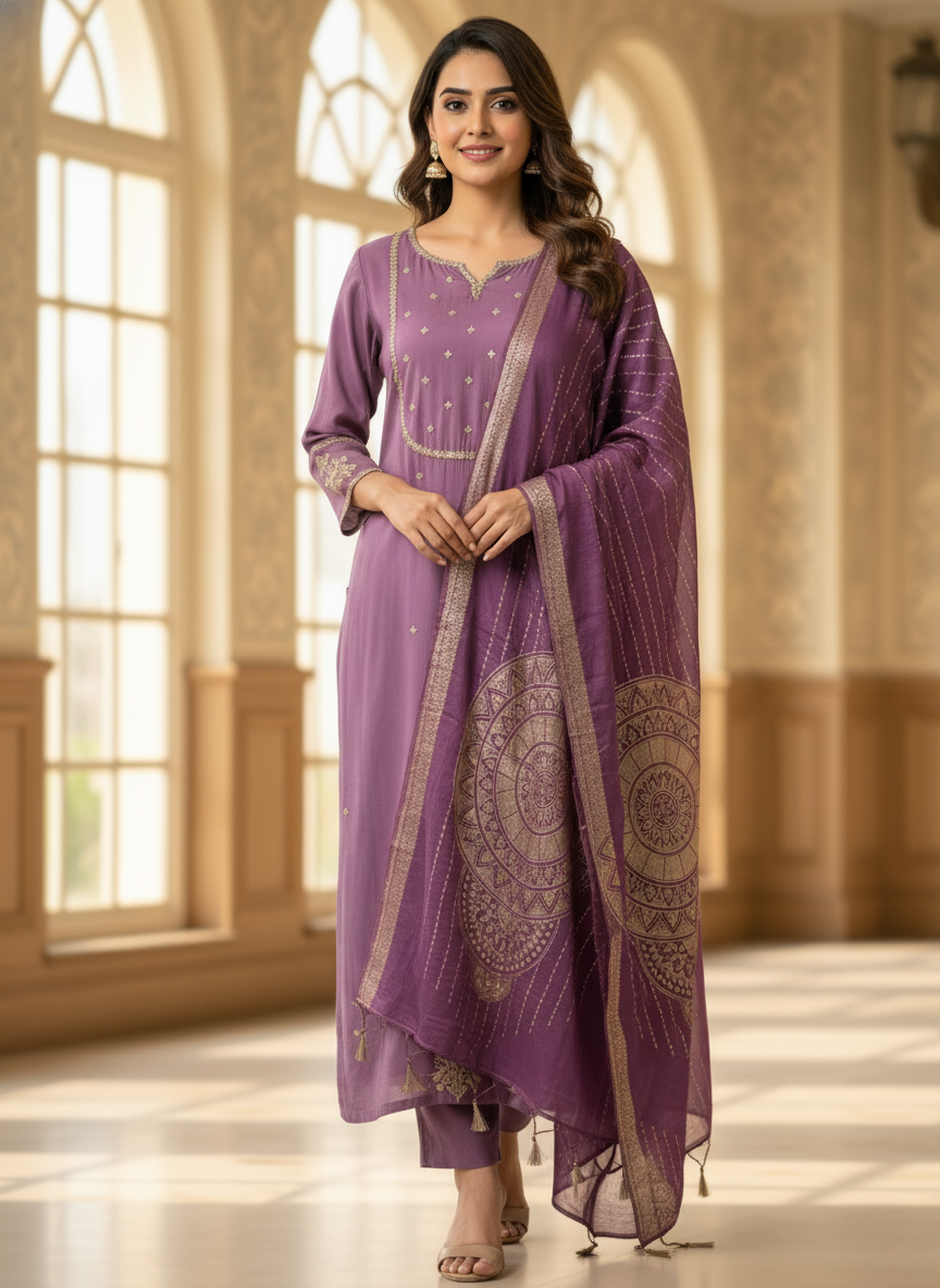 Lavender Embroidered Kurta & Mandala Dupatta Set