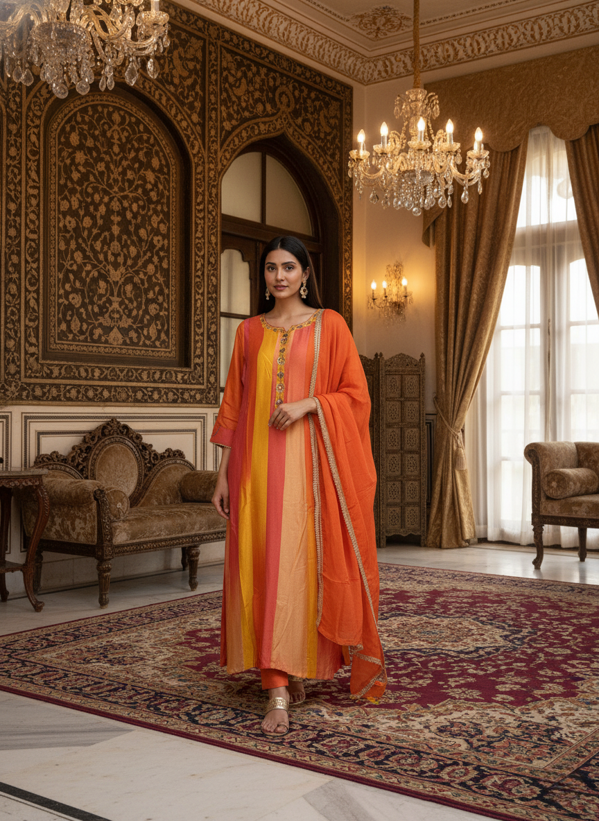 Multitone Orange Striped Kurta & Dupatta Set