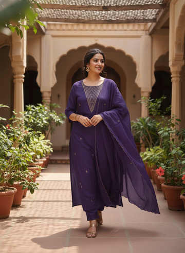 Purple Thread-Embroidered Kurta Set