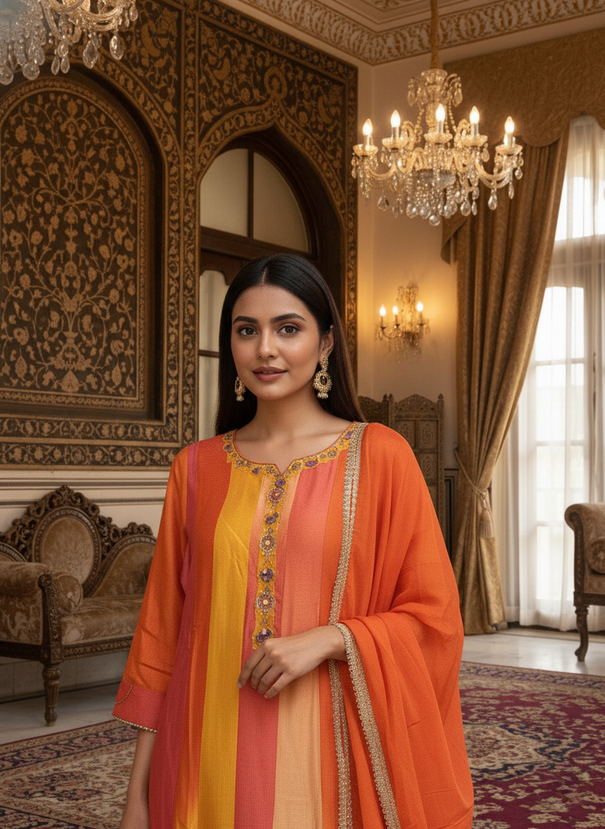 Multitone Orange Striped Kurta & Dupatta Set