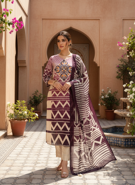 Purple & Cream Geometric Printed Kurta Set