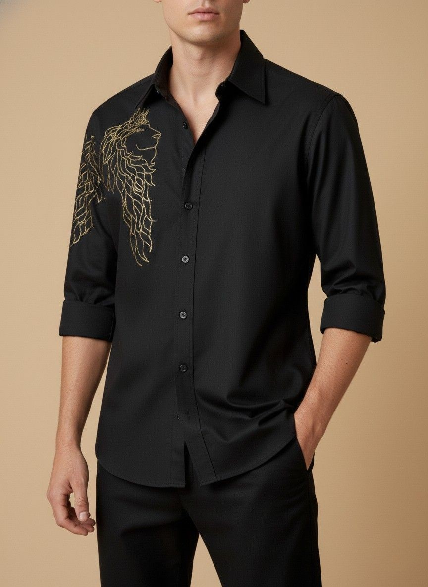 Men’s Black Embroidered Lion Shirt
