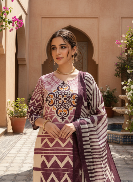 Purple & Cream Geometric Printed Kurta Set