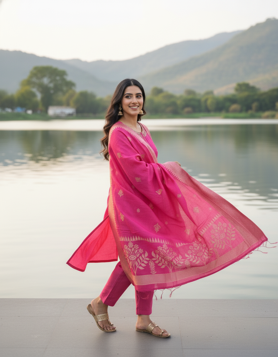 Hot Pink Embroidered Kurta & Banarasi Dupatta Set
