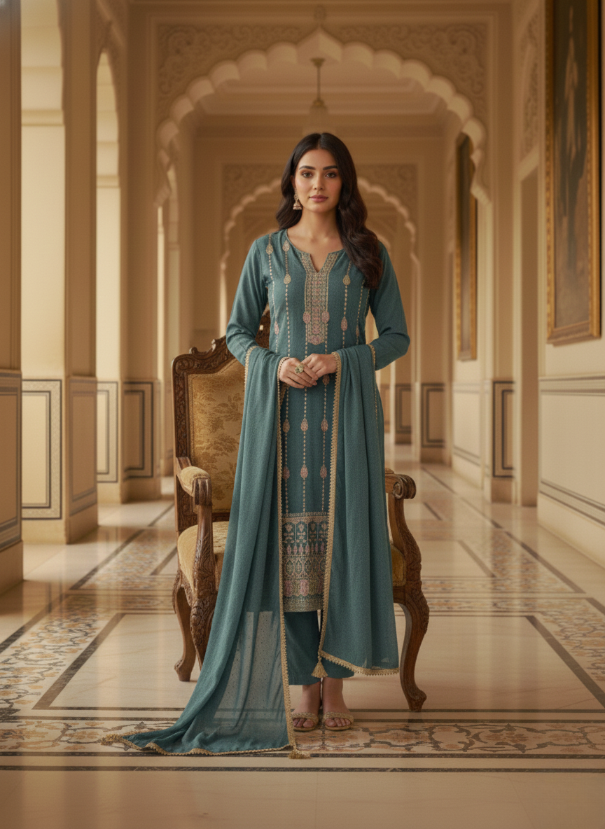 Teal Ethnic Embroidered Kurta Set
