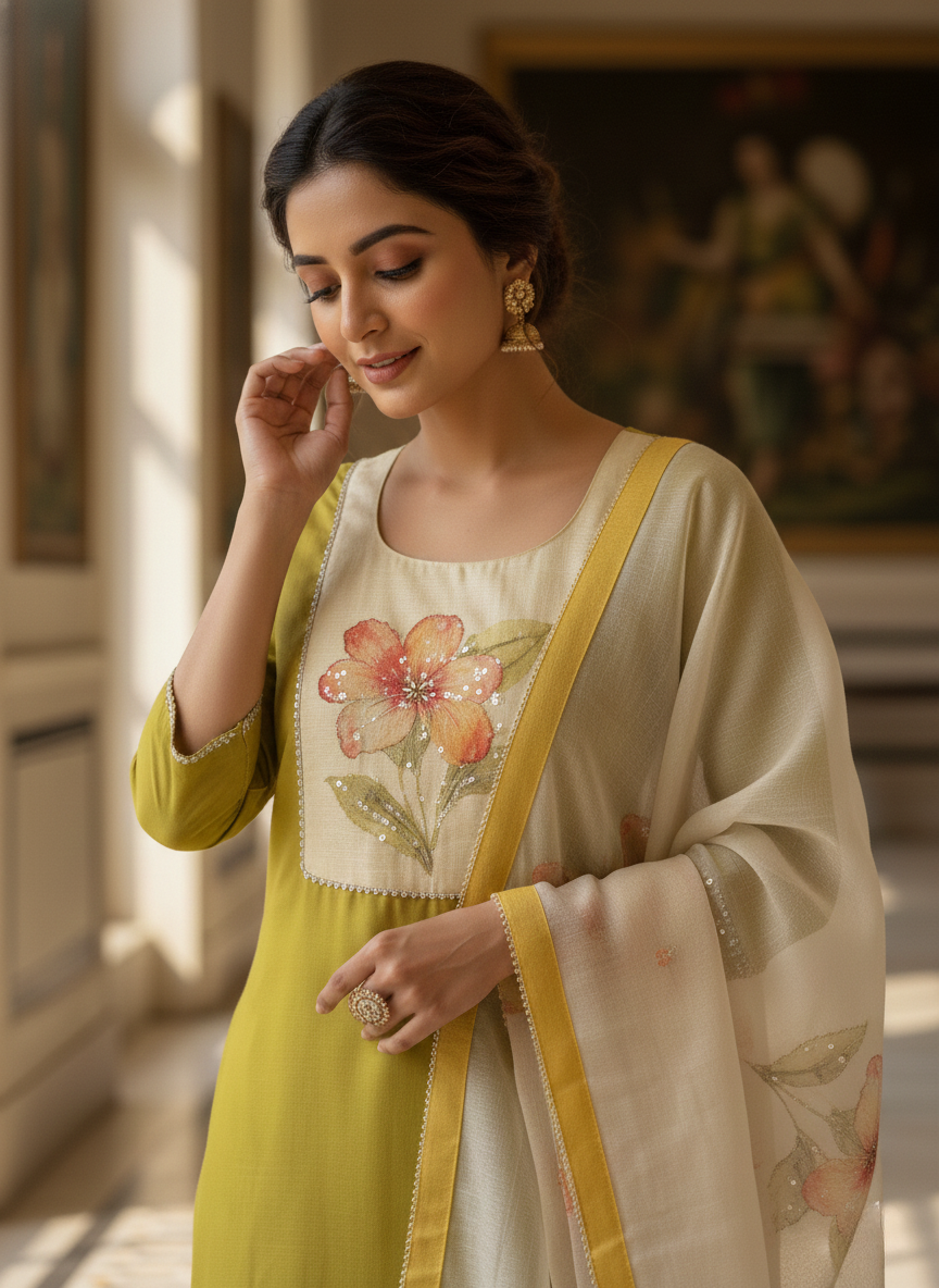 Lime Hand-Painted Floral Kurta Set