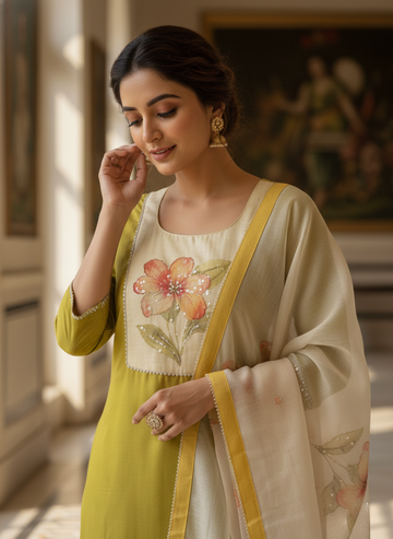 Lime Hand-Painted Floral Kurta Set