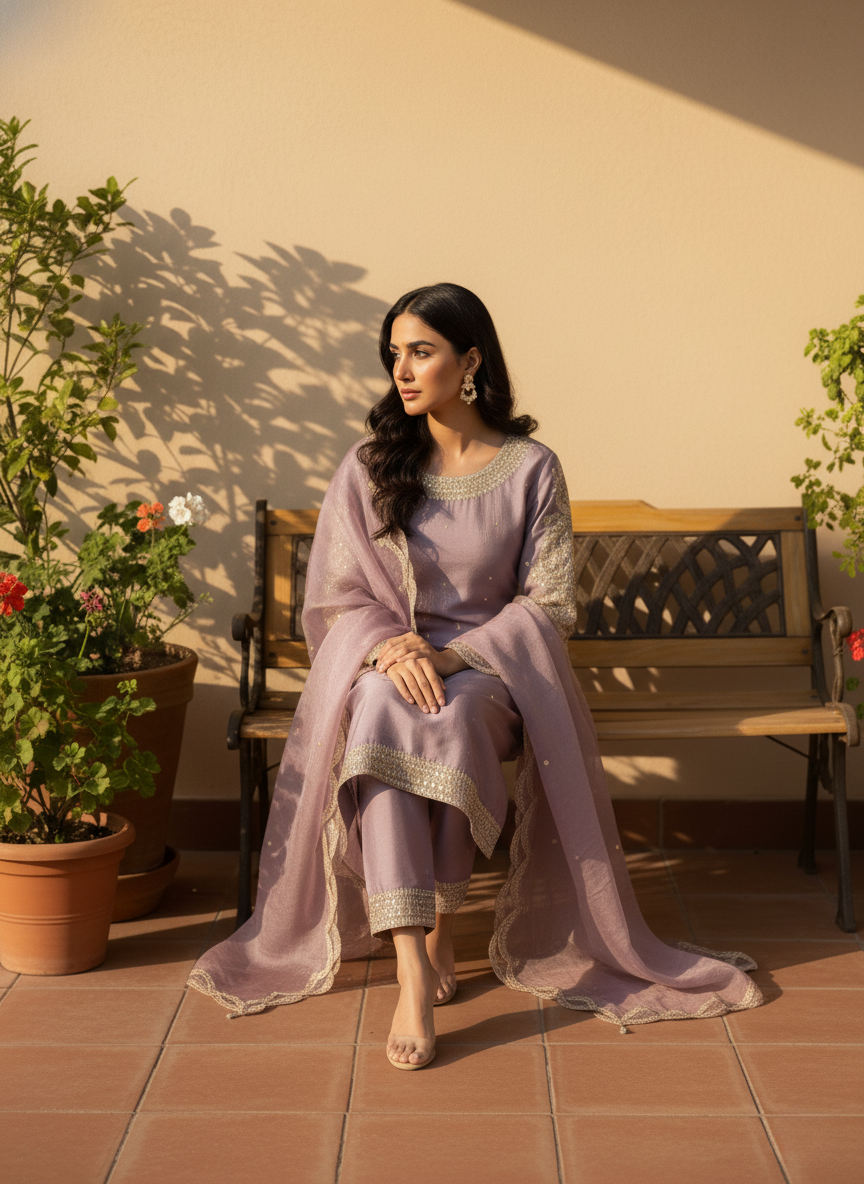 Lilac Sequin-Embroidered Kurta & Dupatta Set