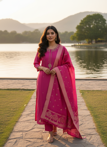 Hot Pink Embroidered Kurta & Banarasi Dupatta Set