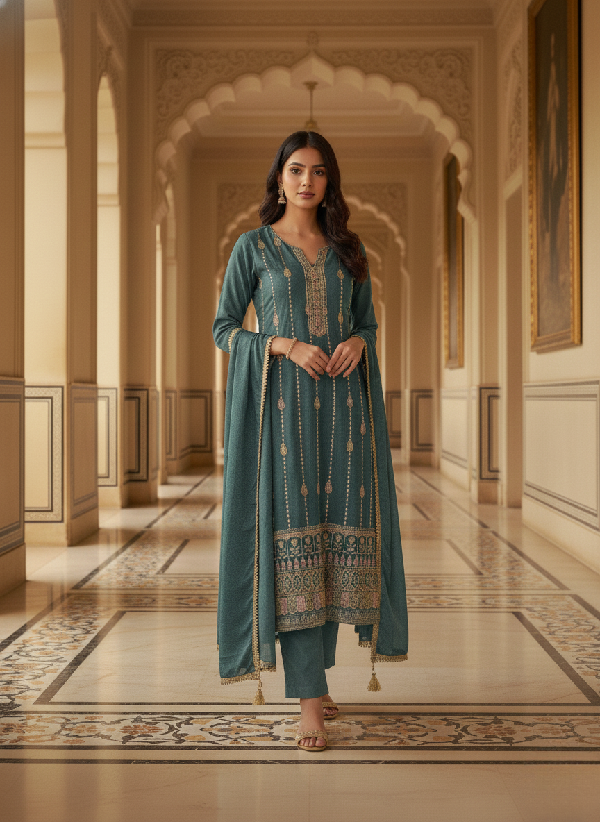 Teal Ethnic Embroidered Kurta Set
