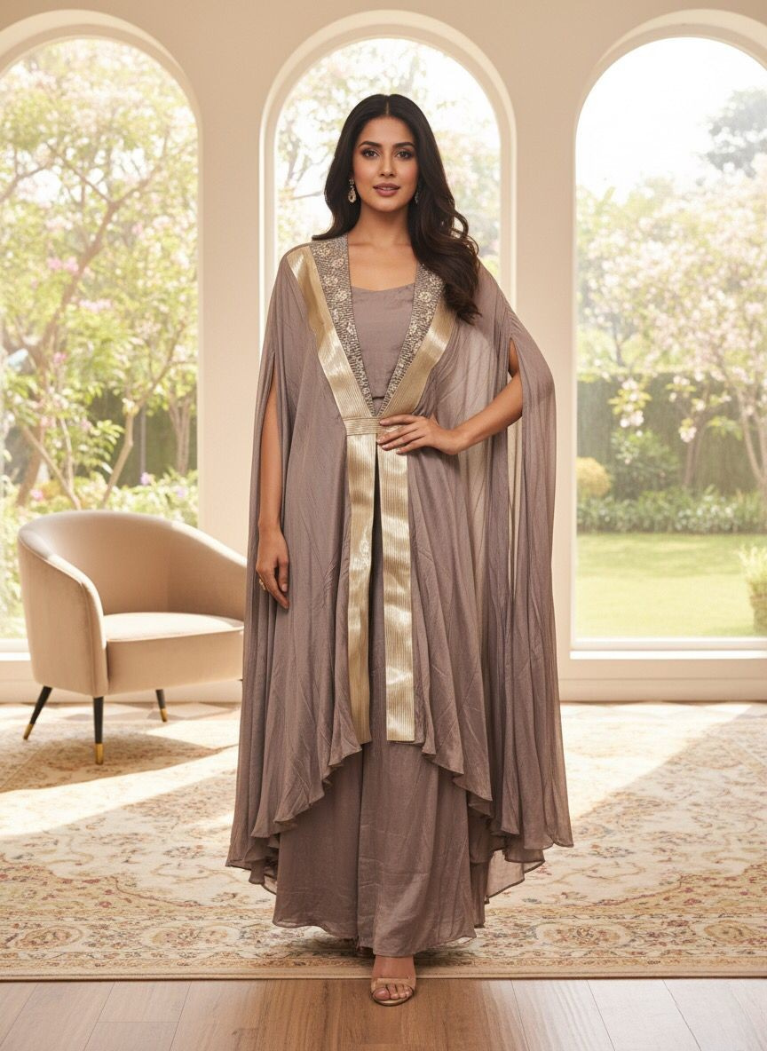 Taupe Gold Embellished Kaftan Suit Set