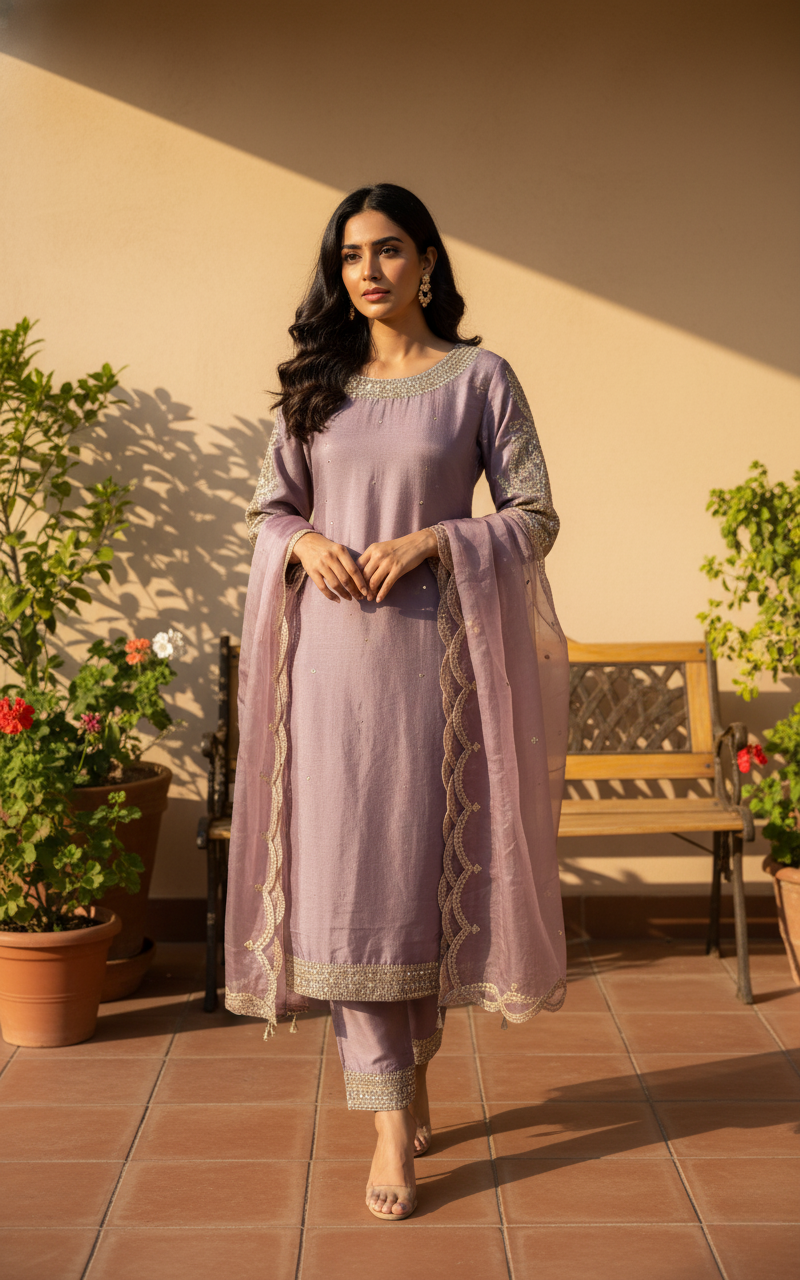Lilac Sequin-Embroidered Kurta & Dupatta Set