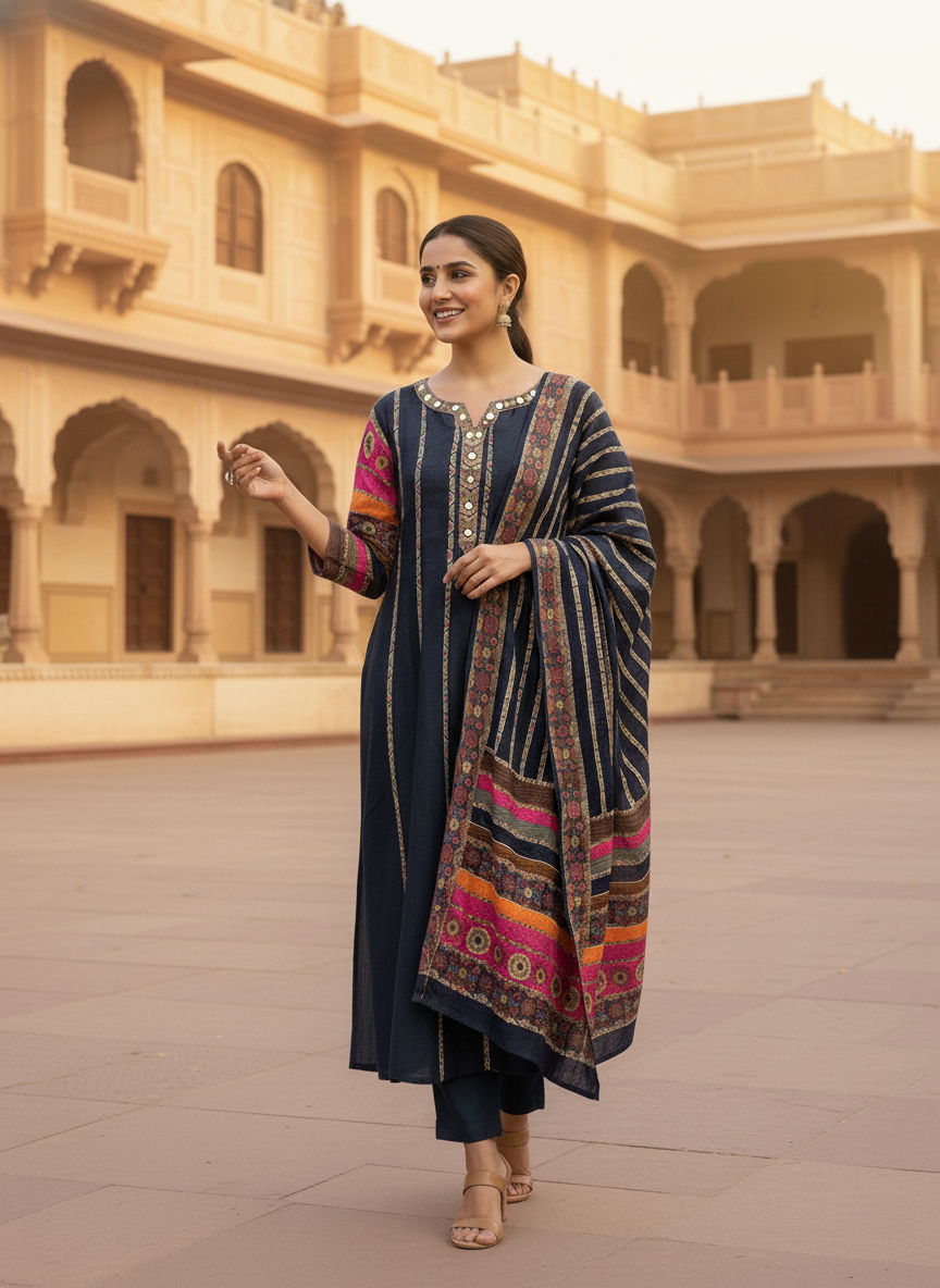 Navy Multicolor Printed Kurta & Dupatta Set