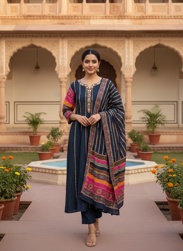 Navy Multicolor Printed Kurta & Dupatta Set