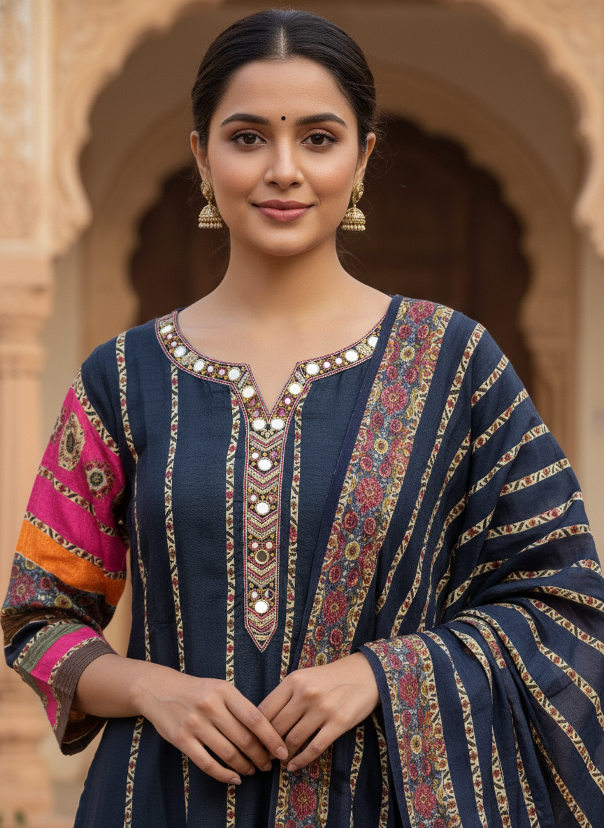 Navy Multicolor Printed Kurta & Dupatta Set