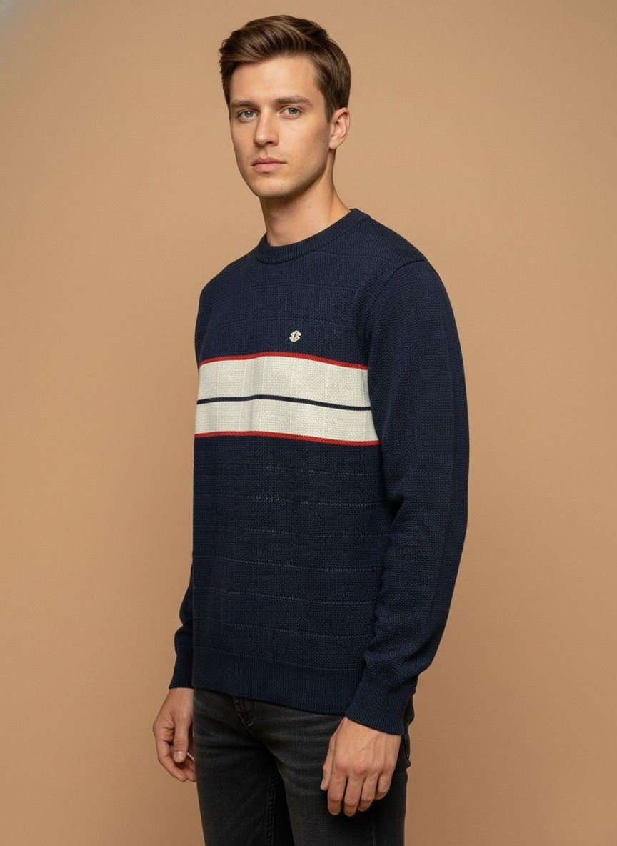 Navy Colour-Block Stripe Knit Sweatshirt