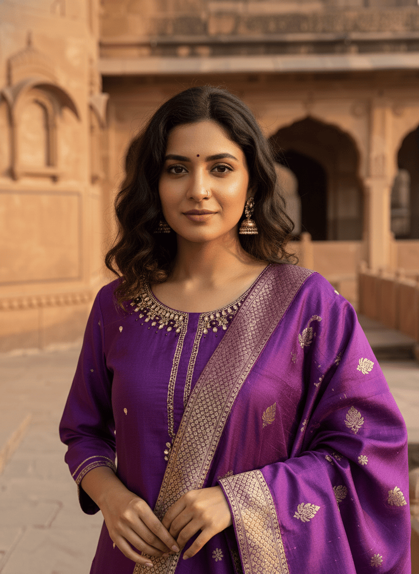 Purple Embroidered Kurta & Dupatta Set