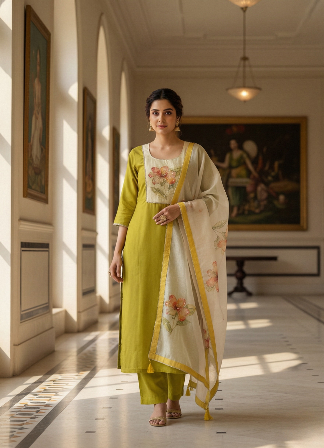 Lime Hand-Painted Floral Kurta Set