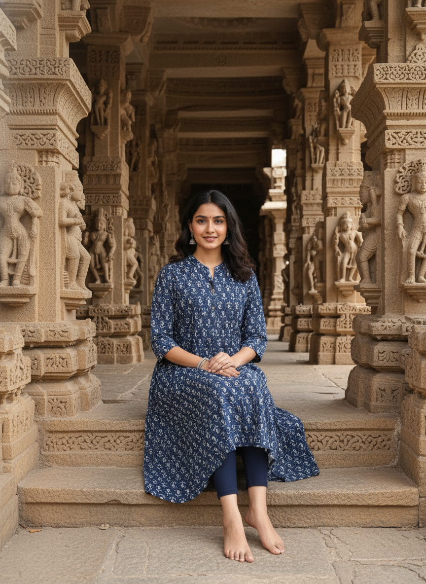 Blue Ethnic Printed A-Line Kurta