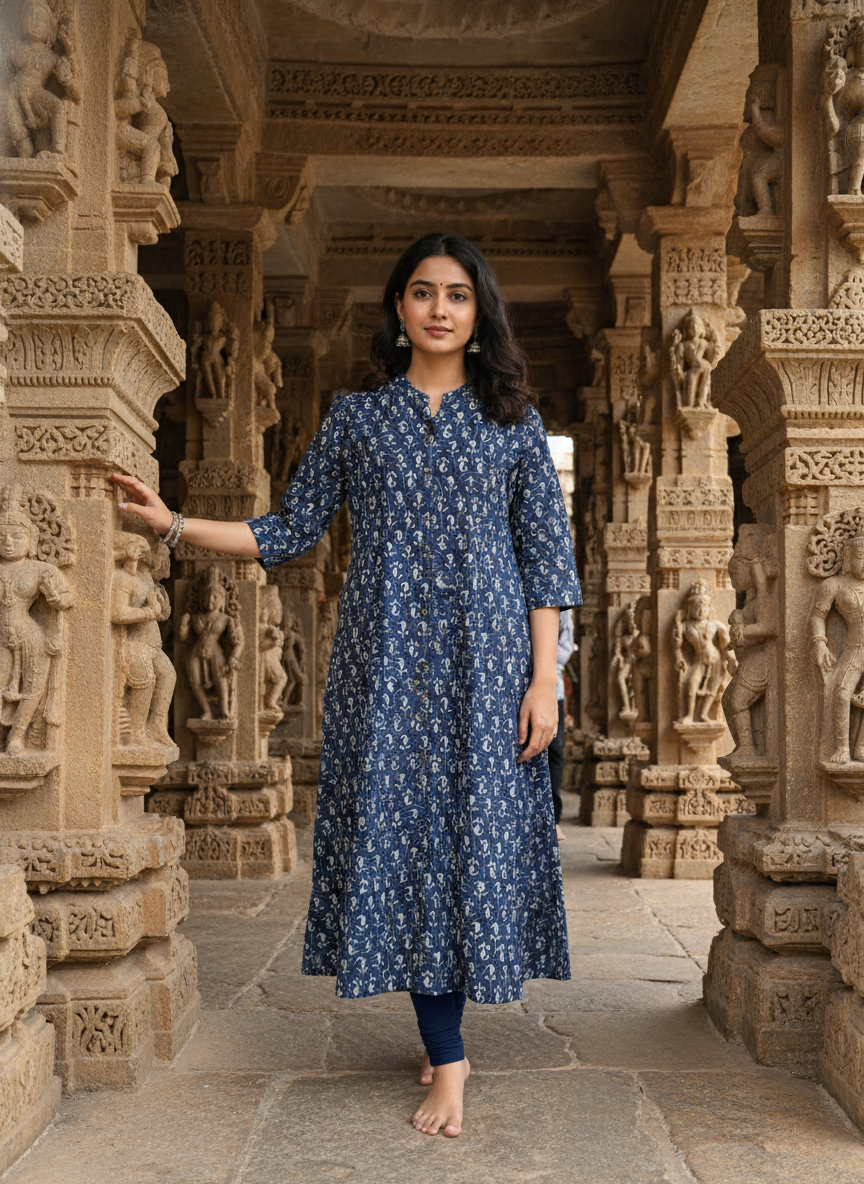 Blue Ethnic Printed A-Line Kurta