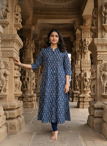 Blue Ethnic Printed A-Line Kurta