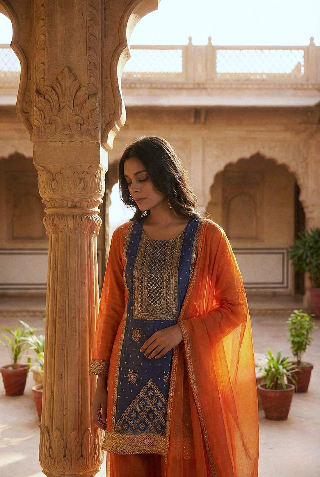 Orange & Navy Embroidered Sharara Set