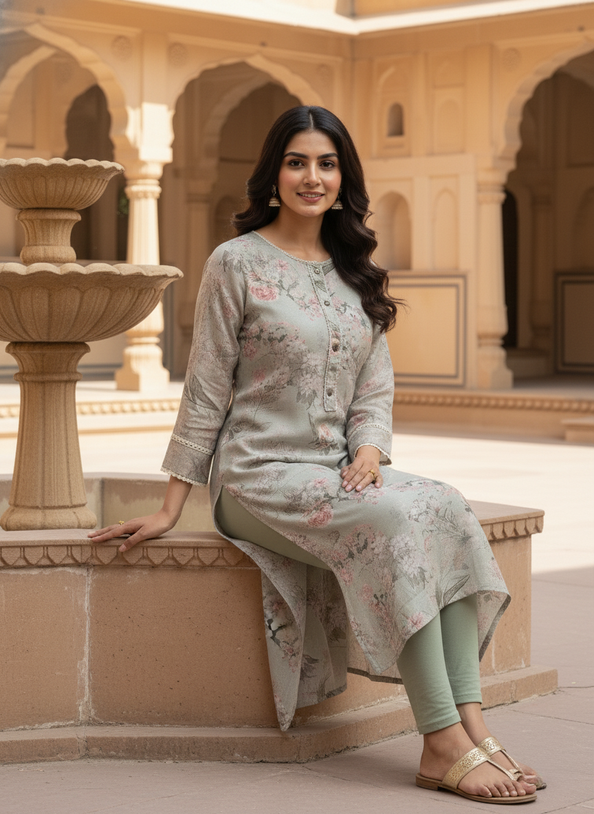 Mint Grey Floral Printed Straight Kurta