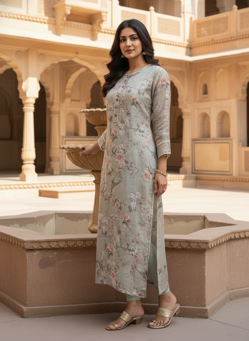 Mint Grey Floral Printed Straight Kurta