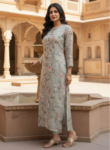 Mint Grey Floral Printed Straight Kurta