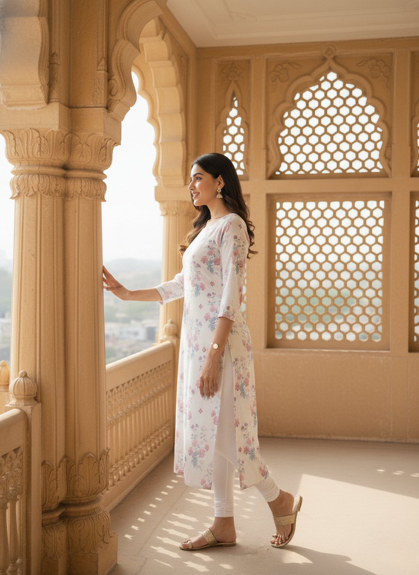 White Floral Printed Kurta