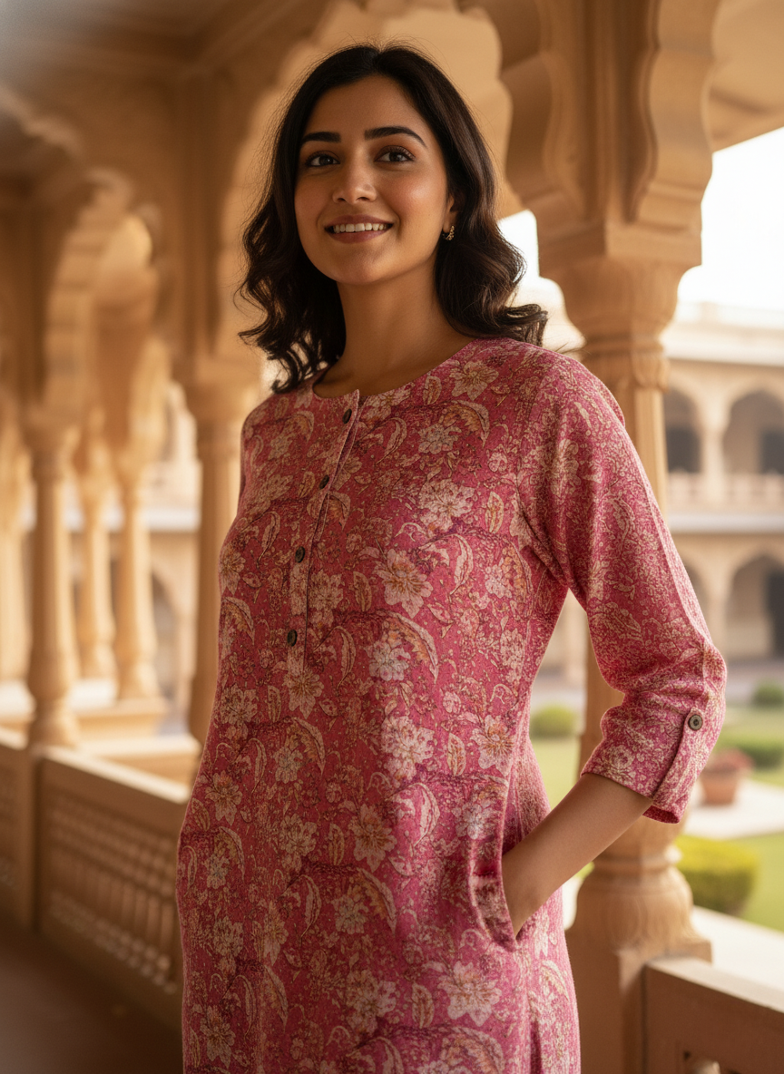 Pink Floral Printed Straight Kurta