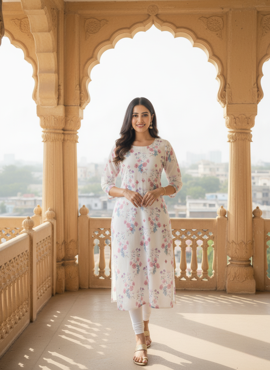 White Floral Printed Kurta