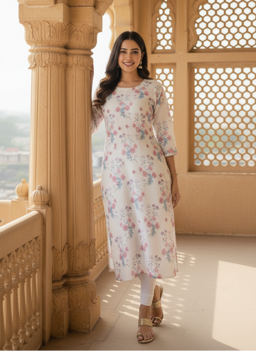 White Floral Printed Kurta