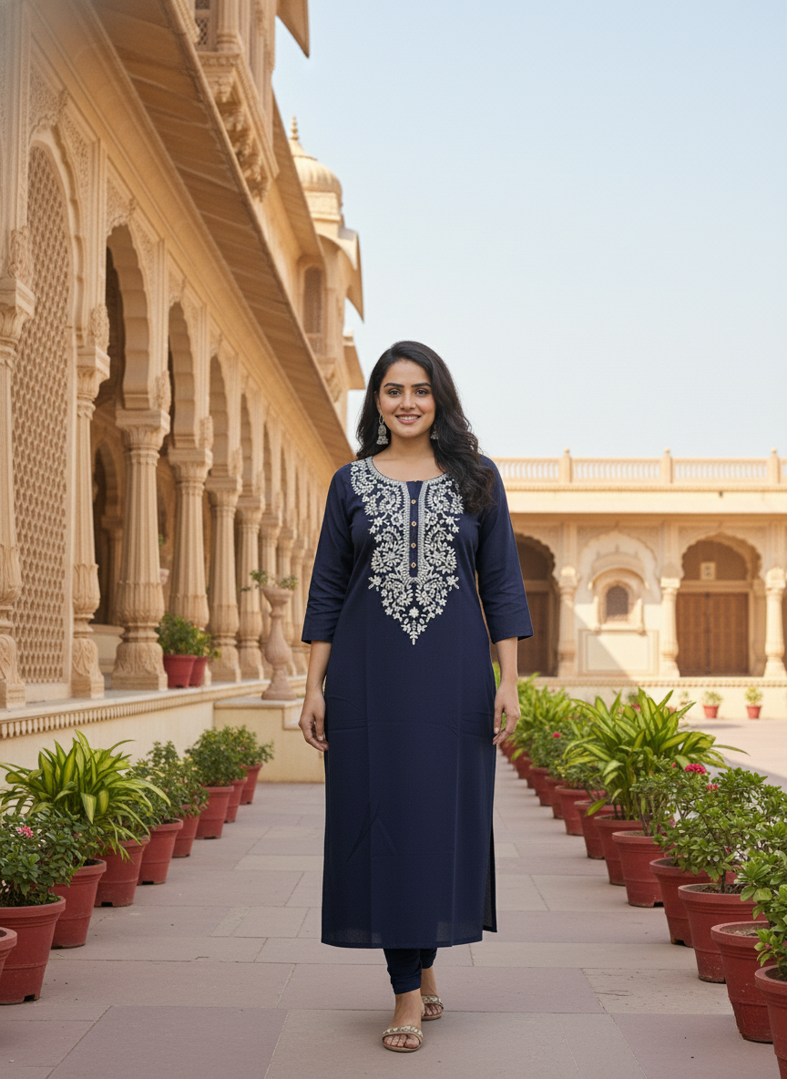 Navy Blue Embroidered Kurta