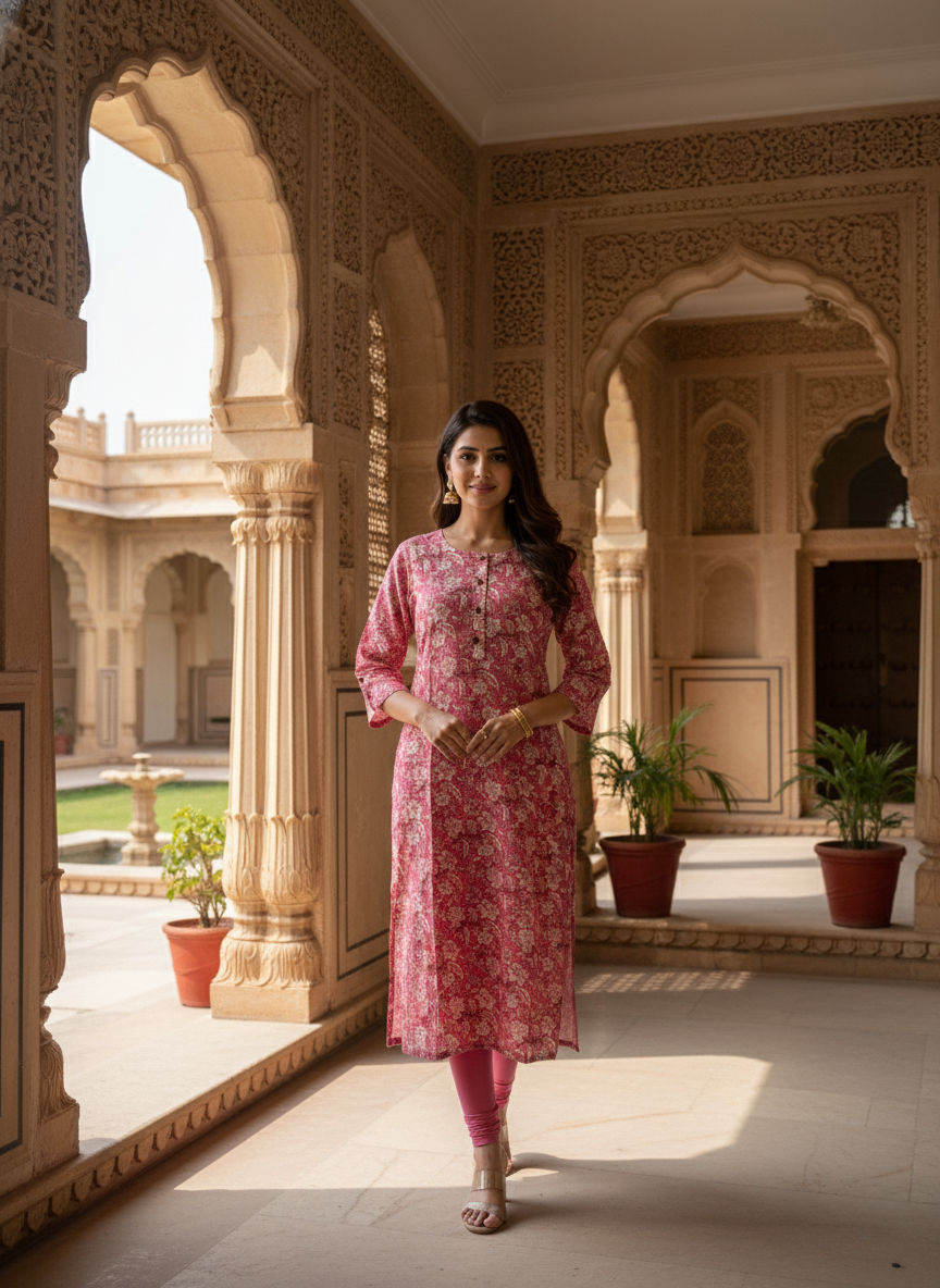 Pink Floral Printed Straight Kurta