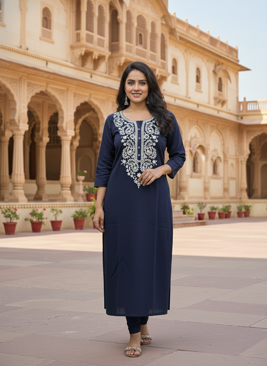 Navy Blue Embroidered Kurta